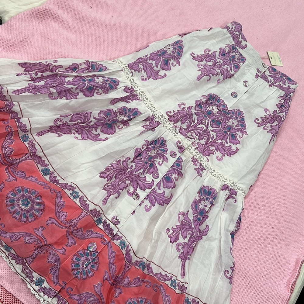 Boho Tiered Maxi Skirt in White with Purple Floral and Coral Border - Picture 10 of 15